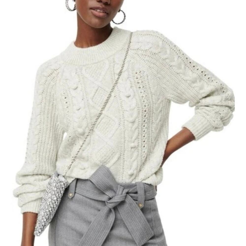 J Crew Wool Pom Pom Cable Knit Long Sleeve Sweater Medium Women’s Gray AE995